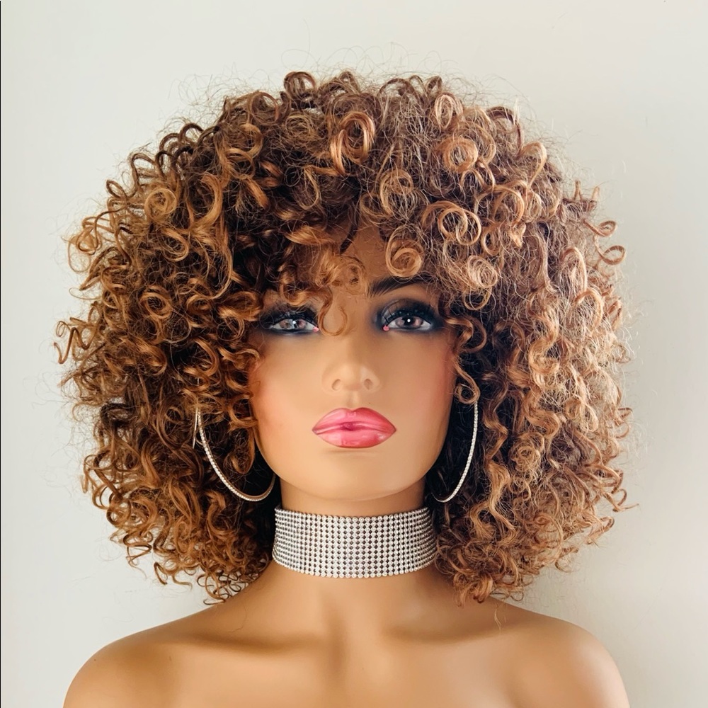 “Put On & Go” Brown Auburn Curly Synthetic Wig for Daily Wear